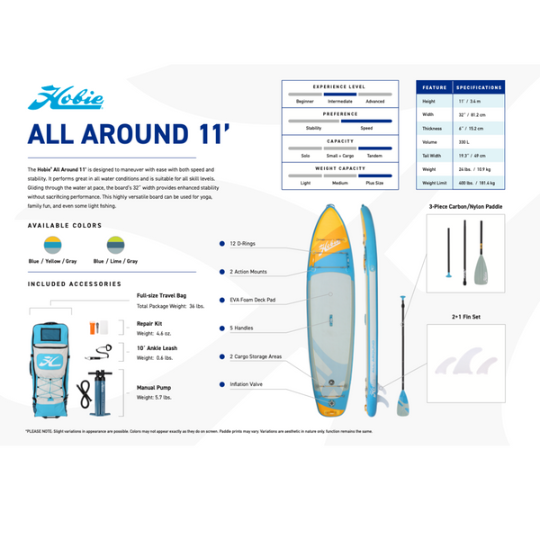 HOBIE ALL AROUND 11' Inflatable Paddle Board with accessories  Lifestyle