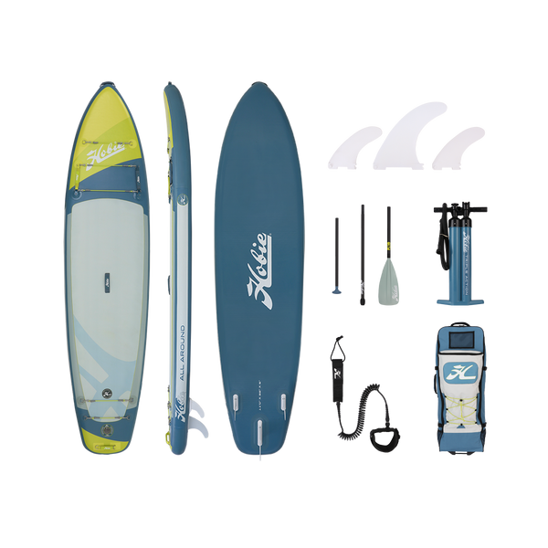HOBIE ALL AROUND 11' Inflatable Paddle Board with accessories  Blue Lime Gray