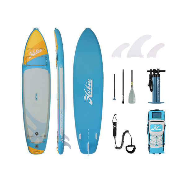 HOBIE ALL AROUND 11' Inflatable Paddle Board with accessories  Blue Yellow Gray