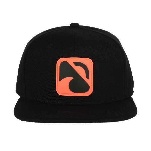 BLACKFIN SNAPBACK HAT from the front  Black/Coral