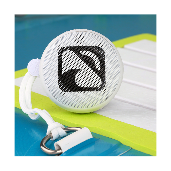 Portable Waterproof Bluetooth Speaker connected to d ring on the SUP White